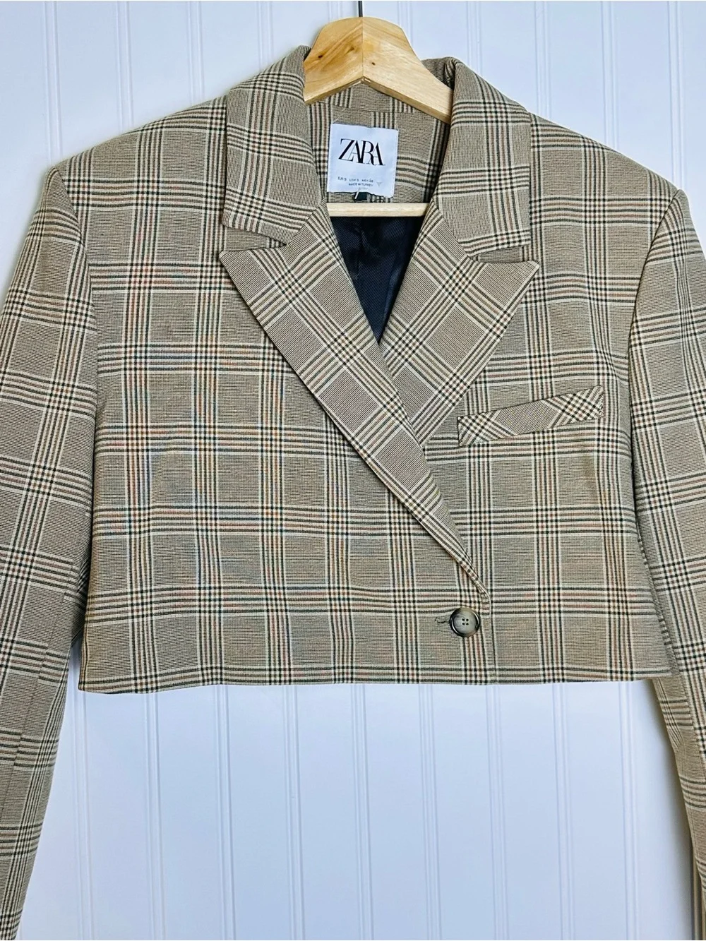 Zara Crop Blazer Jacket Plaid Tan Brown Boxy Blogger Preppy Business Casual S - Picture 6 of 16